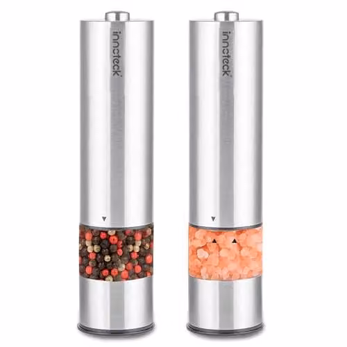 Innoteck Electric Salt and Pepper Mill Set in Silver, Stainless Steel and Ceramic with Adjustable Coarseness and Integrated Light