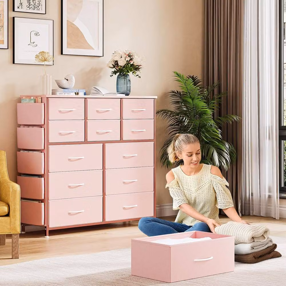 London Boutique Pink Chest of Drawers with 12 Fabric Drawers Storage Cabinet – 2