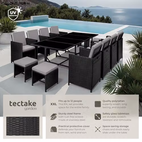 tectake Polyrattan Garden Furniture Set in Black and Grey, Including 8 Dining Chairs, 1 Table, 4 Stools and a Matching Ottoman for Up to 12 People – 2