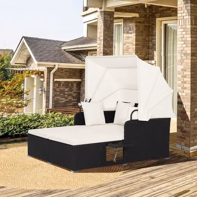COSTWAY White Polyrattan Outdoor Daybed Patio Loveseat Sofa Set with Sun Canopy and Side Tray