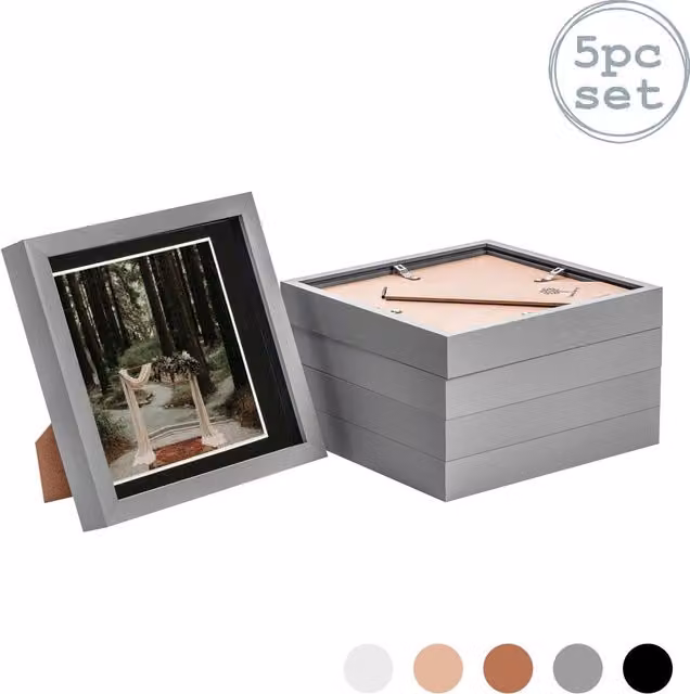 Nicola Spring Pack of 5 Single Square 3D Box Photo Frames in Grey and Black, W/D/H: 20.32 x 20.32 x 20.32 cm