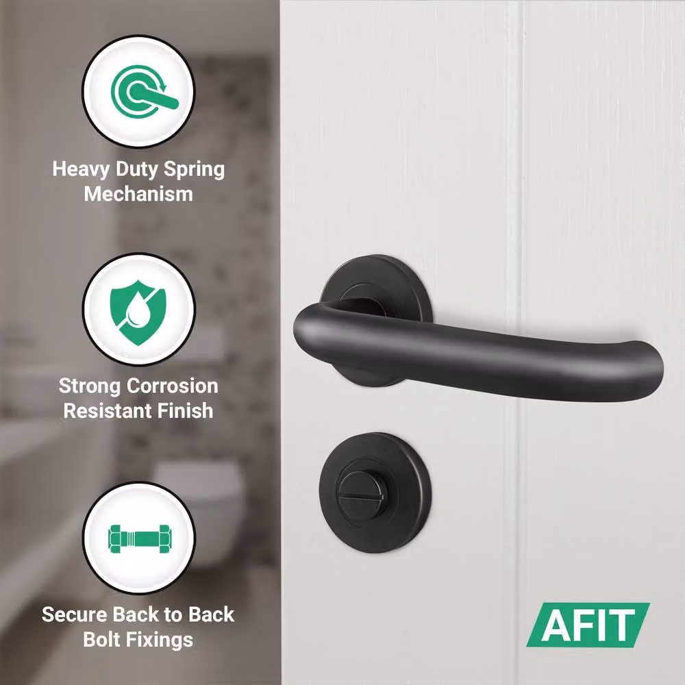 AFIT Matt Black Stainless Steel Return to Door Handles with Bath Lock 64mm, W/D/H: 150 x 150 x 150 mm – 3