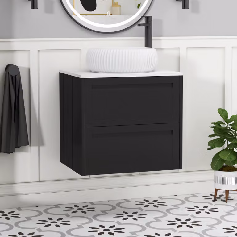 Royal Bathrooms Elmore 600mm Wall Hung Vanity Unit with 2 Drawers and Milan Basin in Matt Nocturne Black
