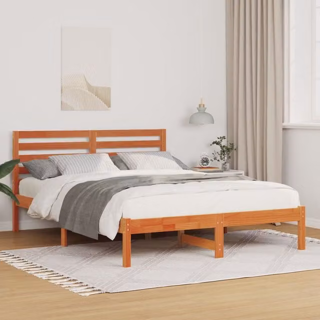 Berkfield Home Solid Pine Wood Bed with Headboard in Wax Brown, W/D/H: 135 x 190 cm