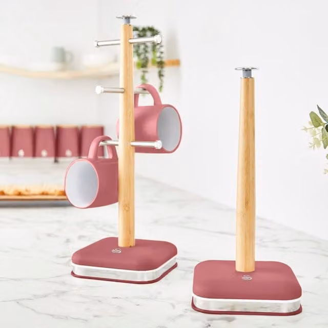 Swan Nordic Freestanding Wooden Towel Pole and Mug Tree in Pink and Red with Weighted Non-Slip Base
