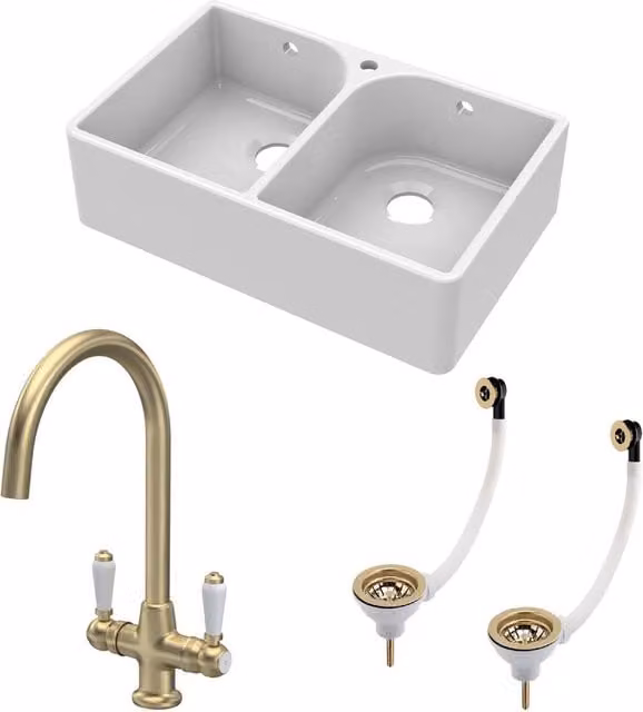 Balterley White Ceramic 2 Bowl Full Weir Butler Sink with Brushed Brass Wastes and Tap, W: 795 mm – 1