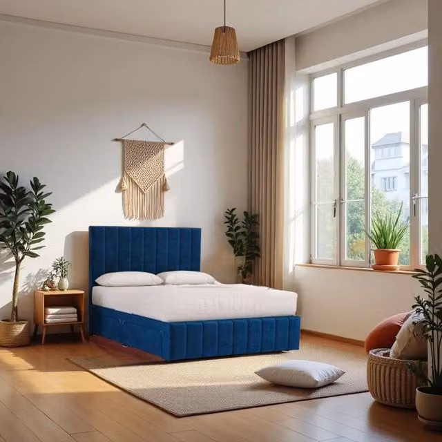 Knight Sleep Paris Super King Bed and Hybrid Mattress Set with 2 Drawers and Upholstered Velvet Headboard in Navy Blue, W/D/H: 200 x 200 cm