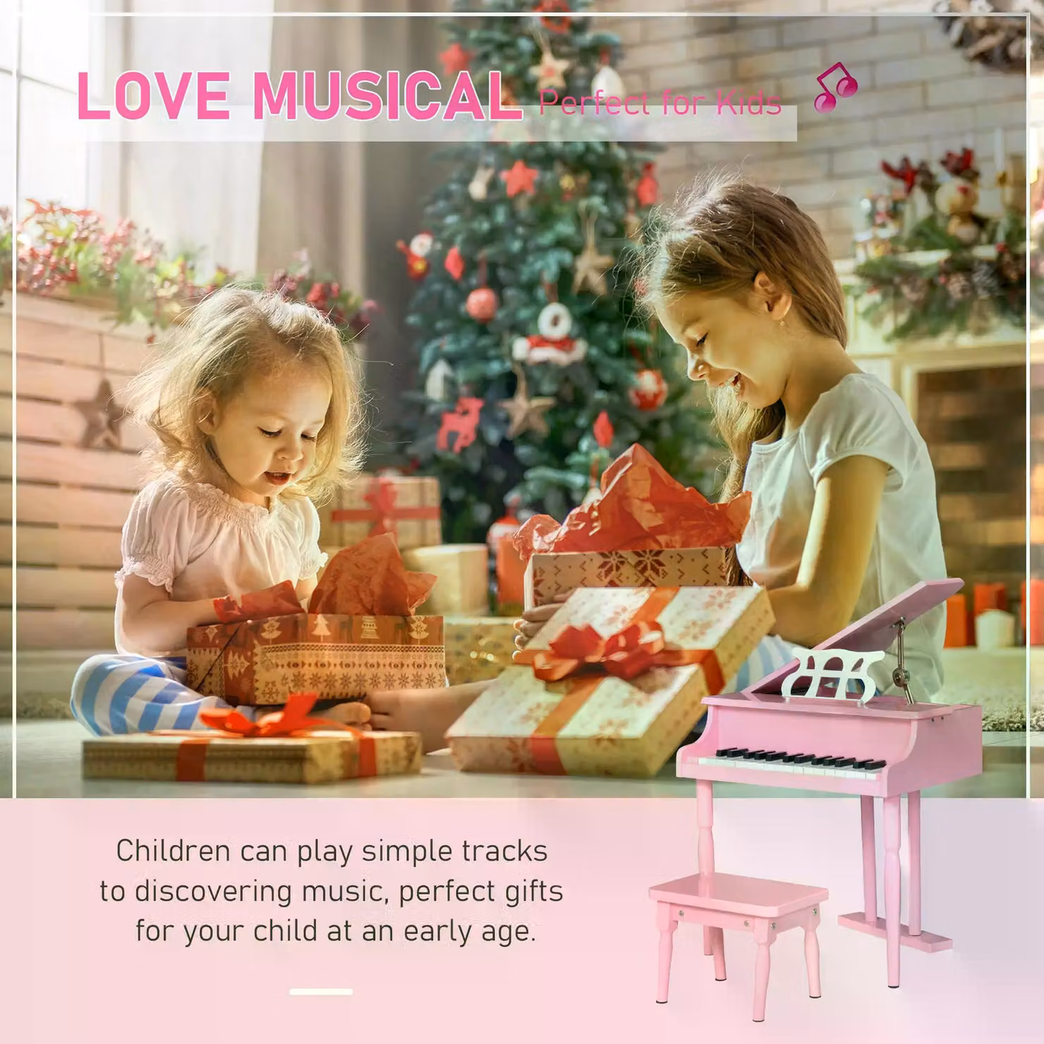 HOMCOM Modern Kids Grand Piano Set with 30 Keys, Music Stand and Bench, Pink – 4