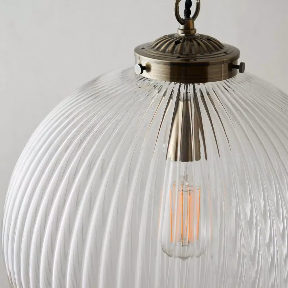 Loops Hanging Ceiling Pendant Light in Brass and Transparent Ribbed Glass – 2