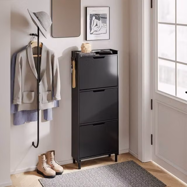 SoBuy Modern Black Matt Foldable Shoe Cabinet with Tilting Compartments and Integrated Lighting