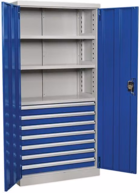 Loops Blue Industrial Steel Double Door Cabinet with 7 Drawers and 3 Shelves, W/D/H: 180 x 45 x 90 cm – 1
