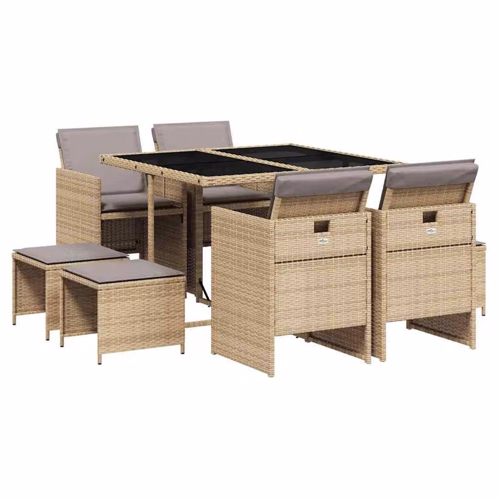 Berkfield Home Modern Polyrattan Garden Dining Set with Glass Top in Beige, Black and Grey – 2