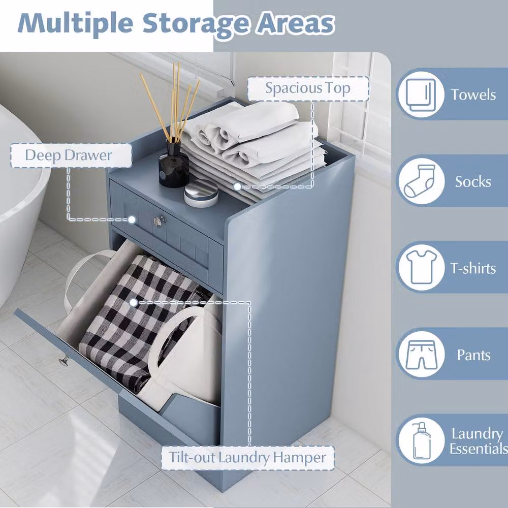 Costway Grey Bathroom Storage Cabinet with Tilt-Out Laundry Compartment and Internal Drawer – 6