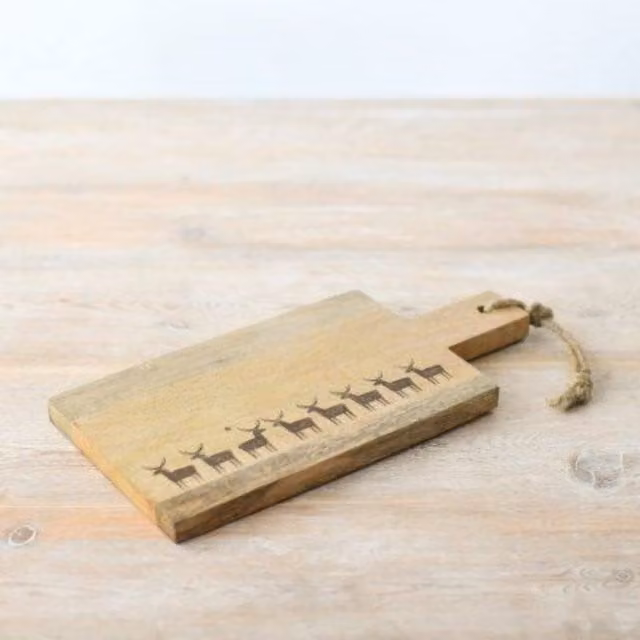 Garden Greatness Festive Reindeer Rectangular Wood Chopping Board in Natural Brown