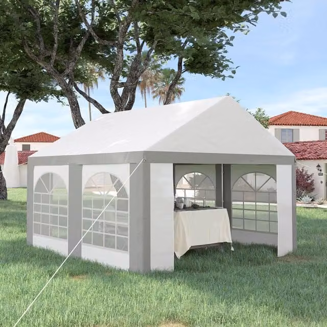 Outsunny Galvanised Steel Party Tent Marquee Gazebo with Windows in White and Grey, W/D/H: 400 x 400 x 315 cm – 1