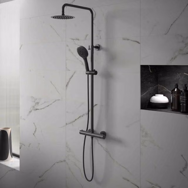 Bathroom Kingdom Menai Premium Matt Black Round Thermostatic Exposed Shower Set with Rain Overhead Shower and Hand Shower