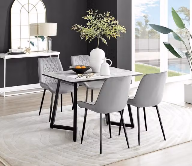 FurnitureboxUK Carson White Marble Effect Dining Table and 4 Pesaro Black Leg Chairs in Grey