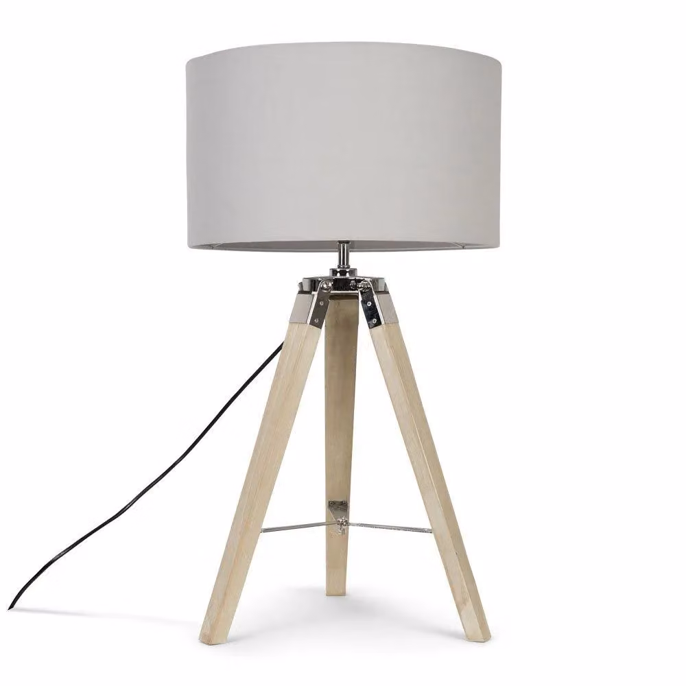 ValueLights Clipper Tripod Table Lamp with Brown Wood Base and Grey Fabric Cylinder Shade – 2