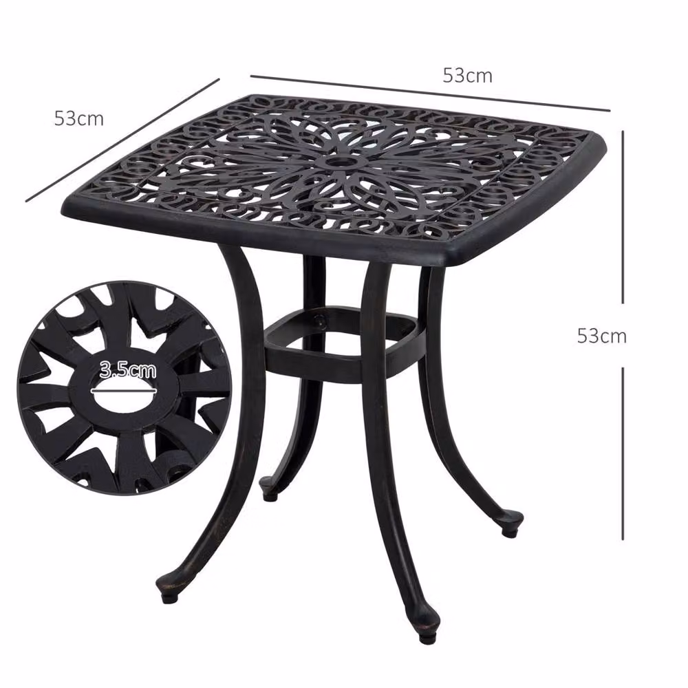 VOGREX Cast Aluminium Bistro Table with Umbrella Hole in Black and Bronze with Floral Design – 2