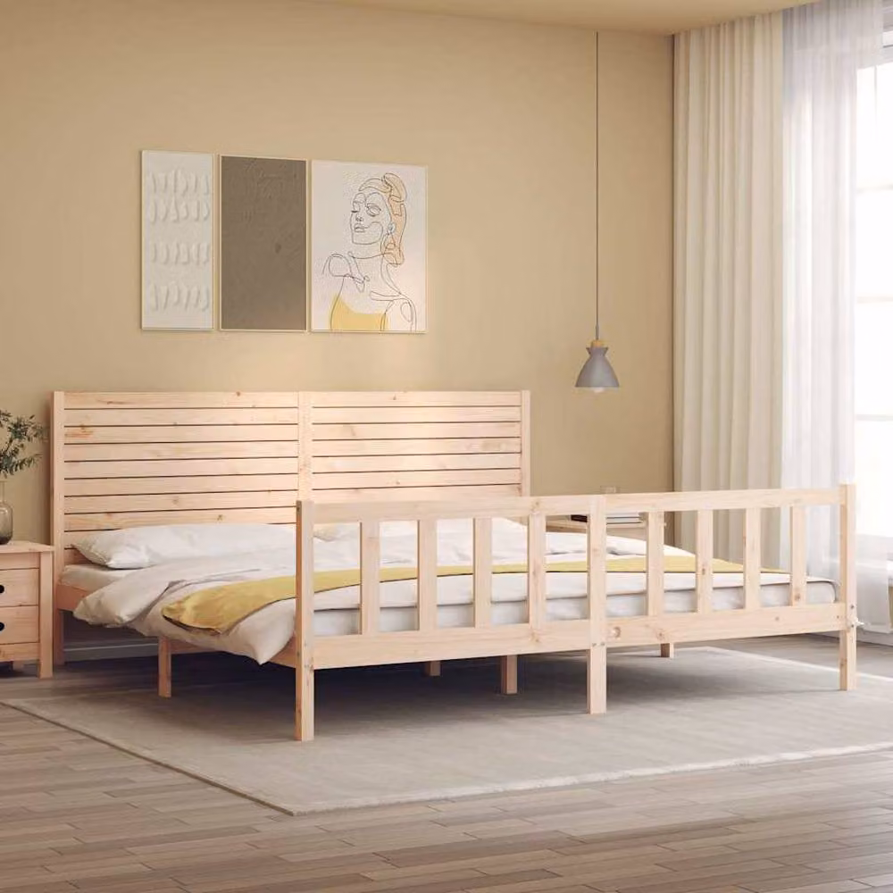 Berkfield Home Solid Wood Bed Frame with Headboard in Natural Pine, W/D/H: 200 x 200 cm – 2