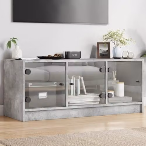 vidaXL Modern TV Cabinet with Glass Doors in Grey, W: 102 cm, D: 42 cm, H: 37 cm – 2
