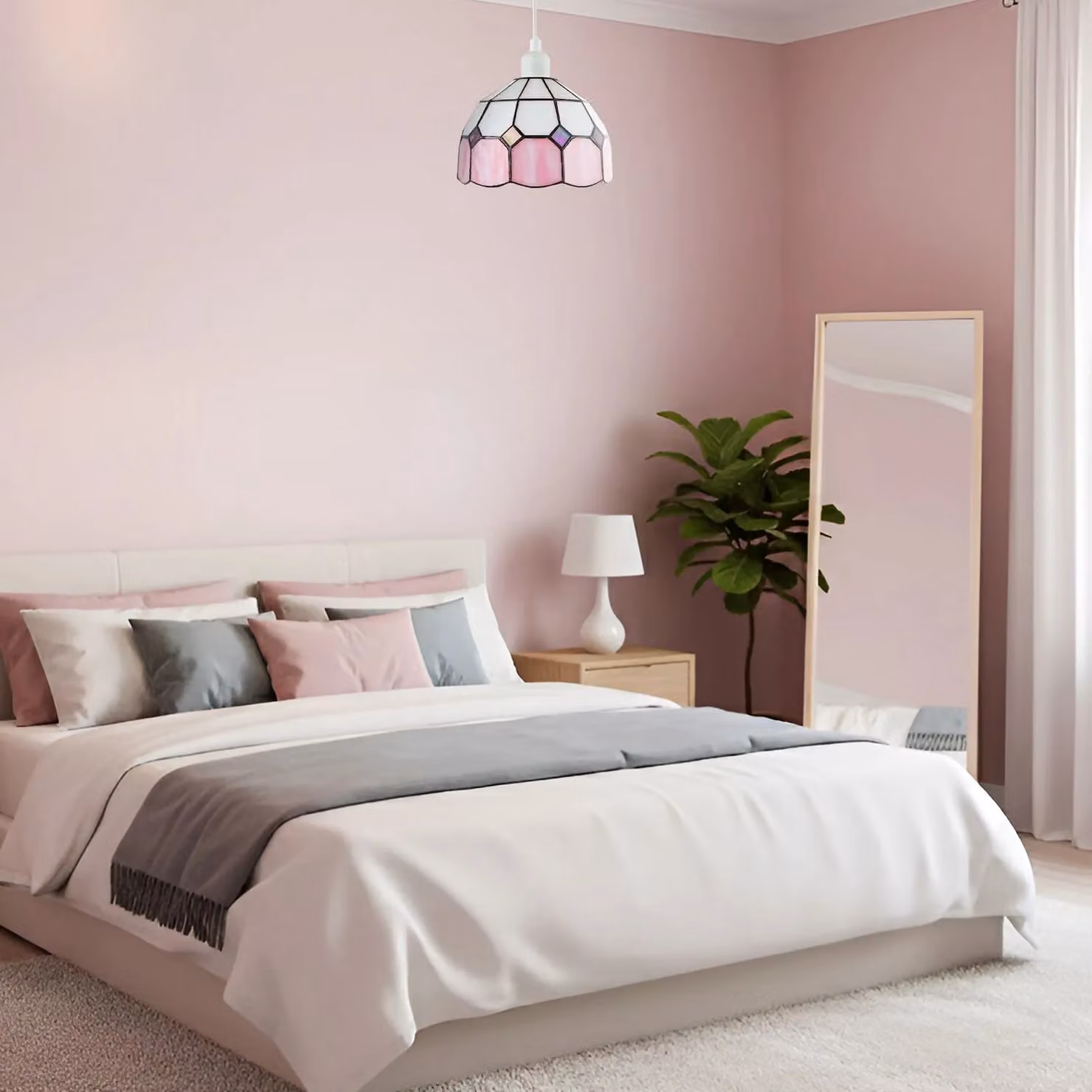 Happy Homewares Tiffany Glass Dome Pendant Light Shade in Pink and White – 4