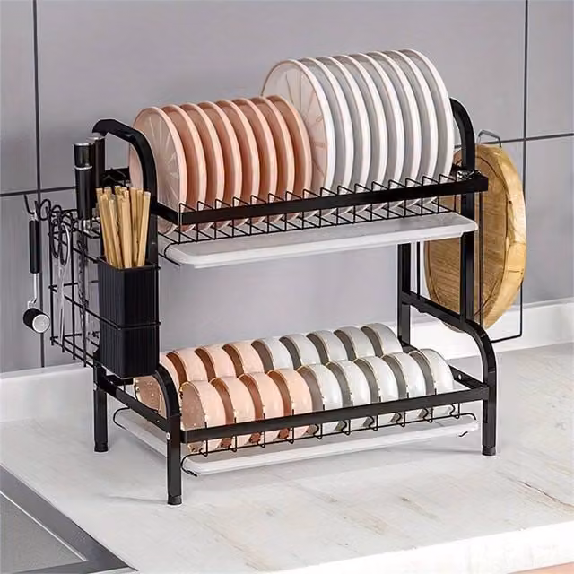 EONLION 2 Tier Black Metal Dish Drainer Rack with Drip Tray and Cutlery Holder – 1