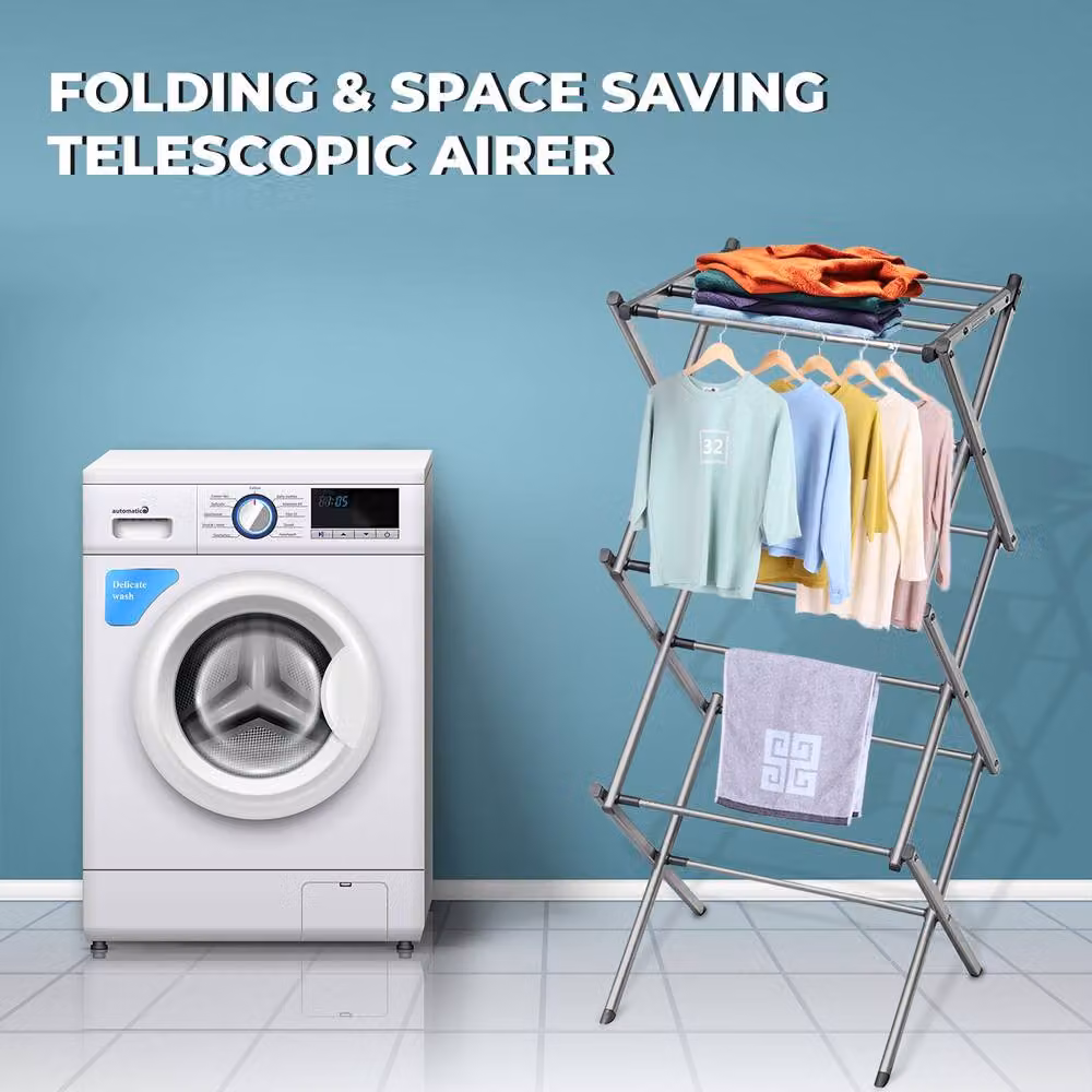 Crystals 3 Tier Extendable Metal Clothes Airer Dryer in Grey, Width: 100 cm – 4