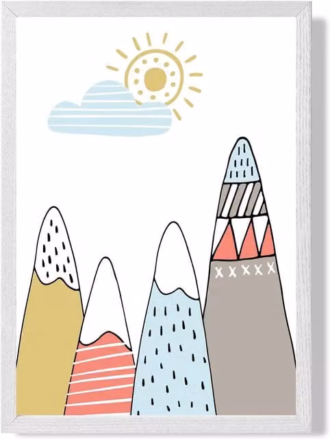 ARTZE Scandi Mountains Framed Print, Pale Blue and Multicolour Geometric Landscape with White Frame, A2