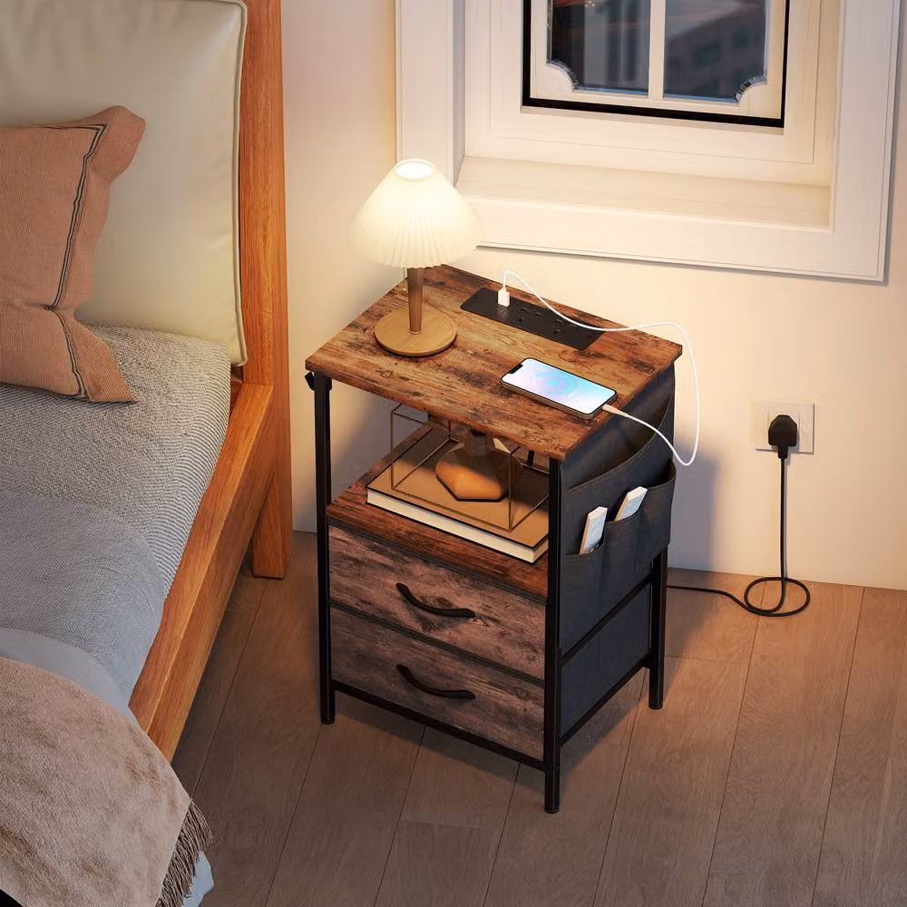 STILVORA Rustic Brown Bedside Table with Charging Station and Storage – 8