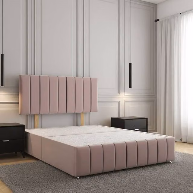Regional Furnishings Pink Velvet Upholstered Super King Divan Bed with 24 inch Headboard and Footboard, W/D/H: 200 x 200 cm