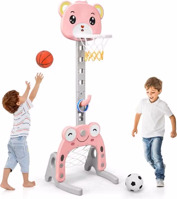 Costway 3-in-1 Kids Sports Activity Center with Throwing Game, Pink, Height Adjustable