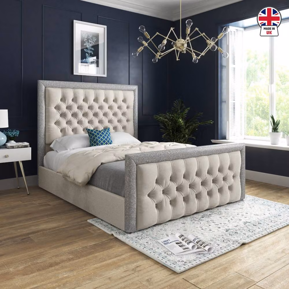 KDMD Wolston Designer Bed Frame in Cream Beige Soft Velvet with Glitter Border, W/D/H: 90 x 200 x 137 cm – 3
