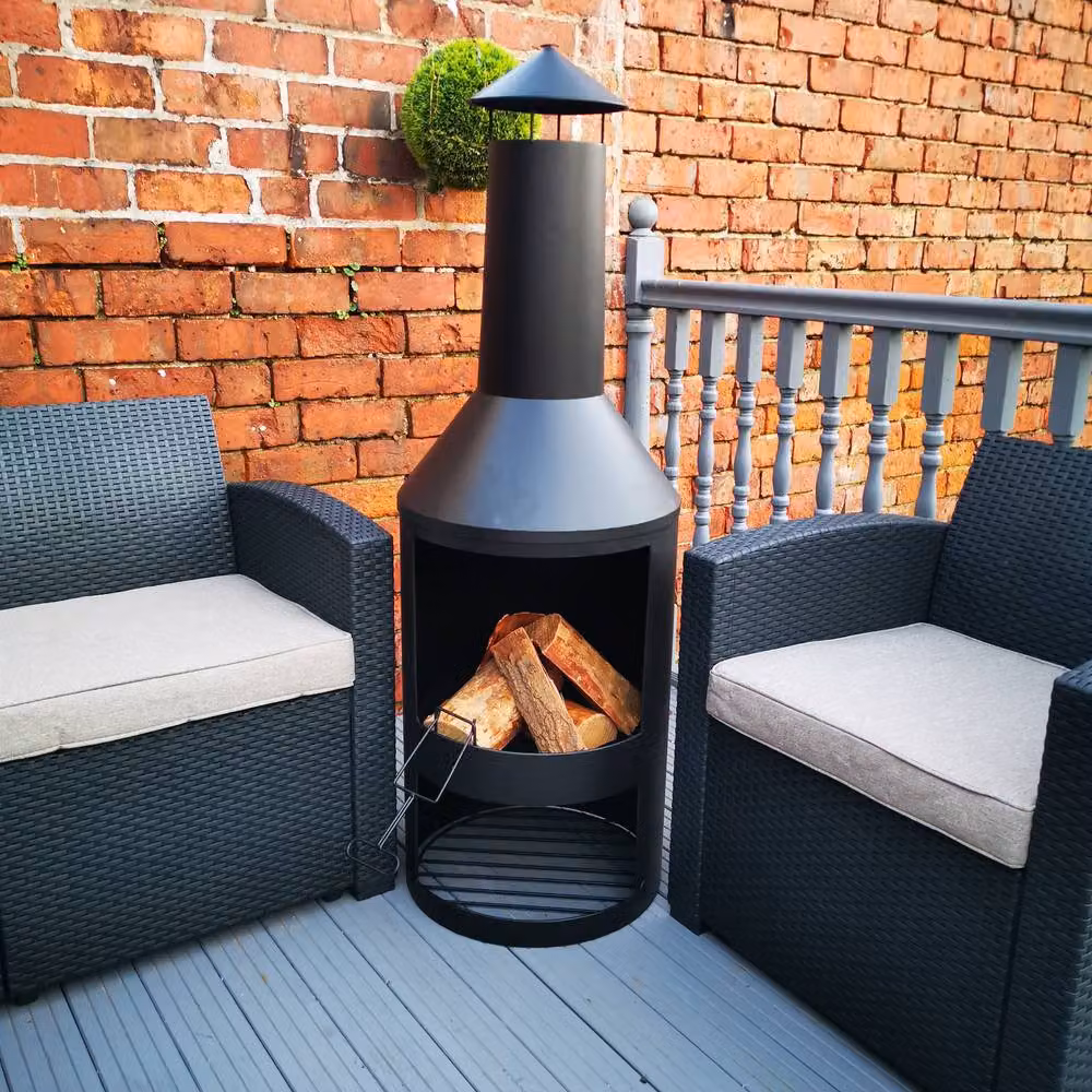 Samuel Alexander Black Steel Outdoor Garden Chiminea Log Burner Fire Pit with Log Store and Cover, Height: 140 cm – 2