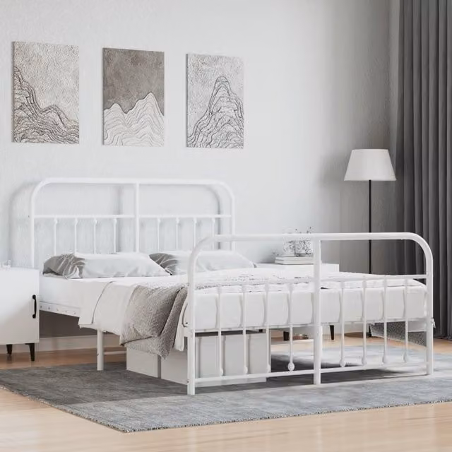 Berkfield Home Metal Bed Frame with Headboard and Footboard in White, W/D/H: 135 x 190 cm Double