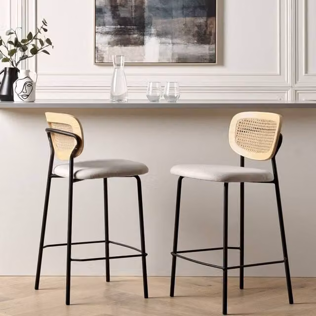 Wyld and Coco Set of 2 Armless Bar Chairs in Light Beige Polyester Rattan and Metal