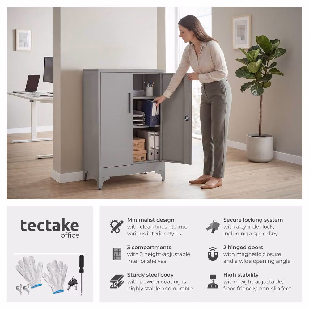 tectake Blake Metal Filing Cabinet in Grey with Adjustable Shelves and Lock – 2