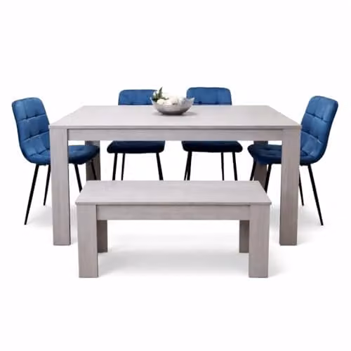 KOSY KOALA Modern 6 Seater Dining Set with Rectangular Grey Table, 4 Blue Velvet Chairs and 1 Bench, W/D/H: 140 x 80 x 75 cm – 1