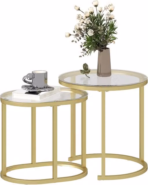 HOMCOM Modern Nest of 2 Round Coffee Tables with Gold Steel Frame and Clear Tempered Glass Tabletop