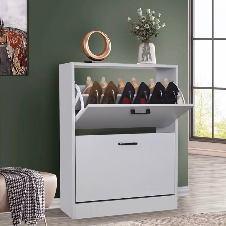 Modern Grey Slim Shoe Storage Cabinet with Tilting Compartments and Ventilation for Hallways