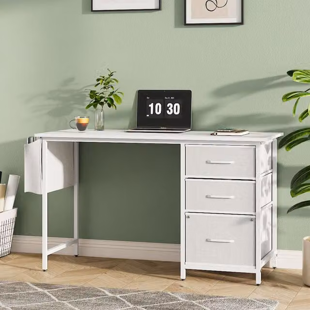 Livingandhome Modern White Computer Desk with Single Pedestal and Side Storage Pocket