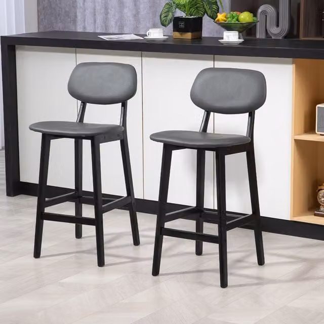 HOMCOM Set of 2 Breakfast Bar Stools with Dark Grey PU Leather and Wood Legs – 1