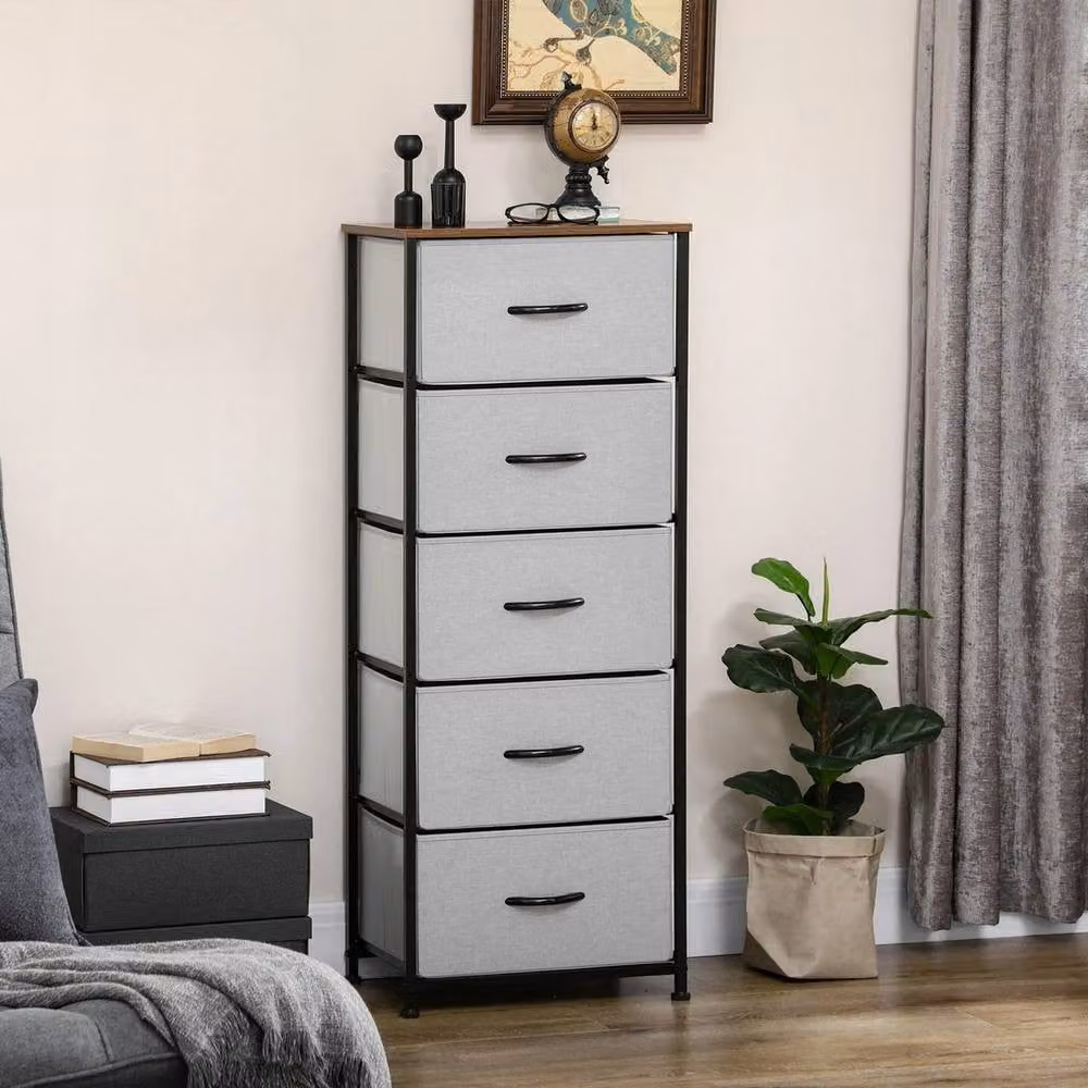 Havendro 5 Drawer Fabric Chest of Drawers with Wooden Top, Grey, H 116 x W 45 x D 30 cm – 3