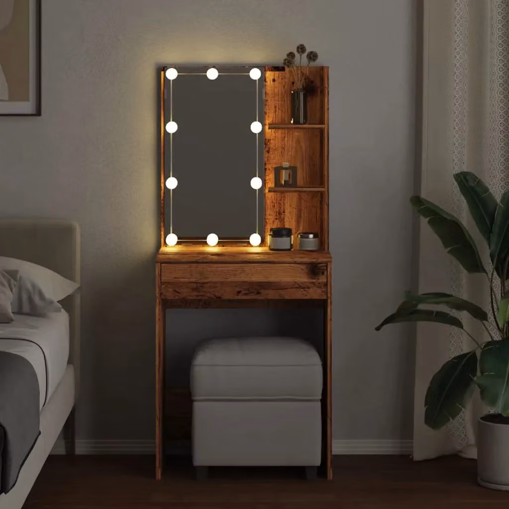 Berkfield Home Modern Dressing Table with LED Hollywood Mirror in Brown, W/D/H: 60 x 40 x 140 cm – 4