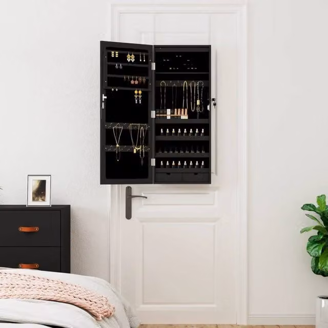 Berkfield Home Mirror Jewellery Cabinet with LED Lights, Wall Mounted, Black, H 90.0 x W 37.5 x D 10.0 cm – 1
