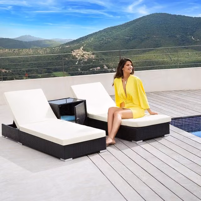 tectake 2 Piece Polyrattan Sunlounger Set with Table and Protective Cover in Black