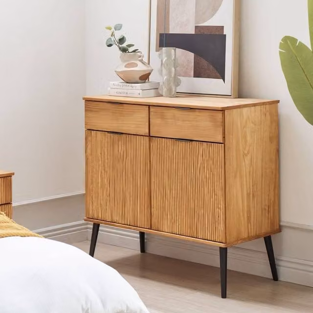 Wyld Haus Rustic Waxed Pine Sideboard in Brown and Black, W: 100 cm, D: 45 cm