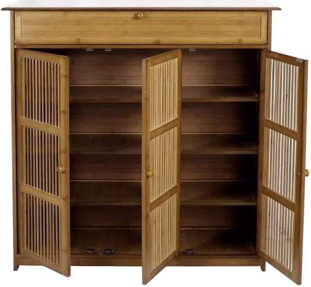 KORVIXA Modern Brown Bamboo Shoe Rack Cabinet with Roll Shutter Doors and Internal Drawers