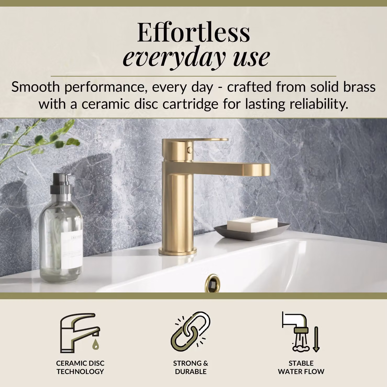Balterley Cascade Round Mono Basin Mixer Tap with Push Button Waste, Brushed Brass, H x W x D: 16.6 x 5.0 x 14.9 cm – 2