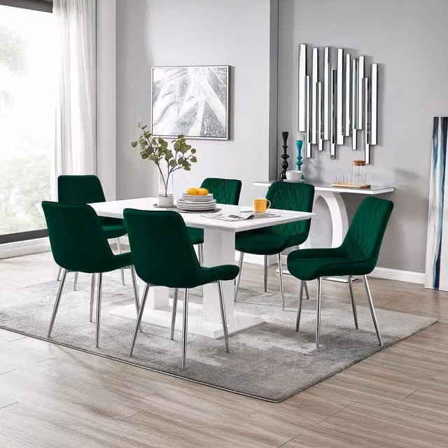 FurnitureboxUK Imperia 6-Person Dining Set with White Rectangular Table and 6 Green Pesaro Chairs with Silver Legs